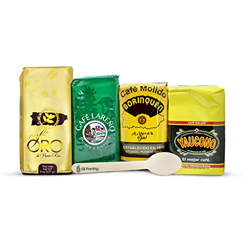 Deluxe Puerto Rican Coffee Selection | Premium Pack of 4 - 8oz Assorted Ground Coffee | Cafe Lareno, Cafe Oro, Cafe Borinquen Cafe Yaucono | Includes El Pantry Coffee Wooden Spoon