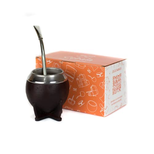 CEBALA | Premium yerba mate cup (Mate gourd set) - Uruguayan mate - Includes alpaca bombilla straw (nickel silver) and leather mate cup (torpedo mate)