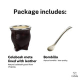 Cebala | Premium yerba mate cup (Mate gourd set) - Uruguayan mate - Includes alpaca bombilla straw (nickel silver) and leather mate cup (camionero mate) (Dark brown)