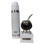 Mate Set (1 Mate Uruguayo Calabaza Pata de Caballo Cuero y Alpaca, 1 Bombilla de Alpaca, Termo Lumilagro Luminox Blanco), Black