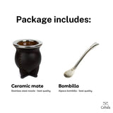 Cebala Yerba Mate cup set - Premium Ceramic yerba mate set (original from Uruguay) - Includes Mate and alpaca bombilla (straw) - Leather mate cup