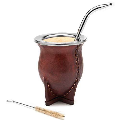 BALIBETOV Premium Yerba Mate Gourd (Mate Cup) - Uruguayan Mate - Leather Wrapped - Includes Stainless Steel Bombilla and Cleaning Brush. (Camionero Burgundy)