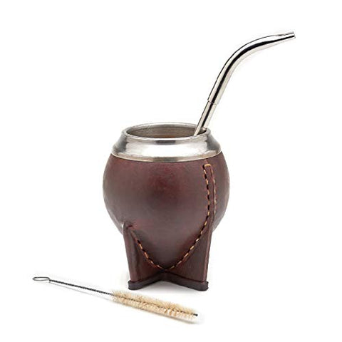 BALIBETOV Premium Yerba Mate Gourd (Mate Cup) - Uruguayan Mate - Leather Wrapped - Includes Stainless Steel Bombilla and Cleaning Brush. (Torpedo Burgundy)