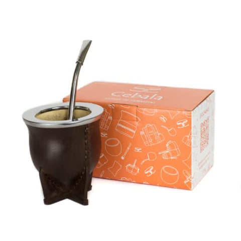 Cebala | Premium yerba mate cup (Mate gourd set) - Uruguayan mate - Includes alpaca bombilla straw (nickel silver) and leather mate cup (camionero mate) (Dark brown)