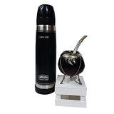 Mate Set (1 Mate Uruguayo Calabaza Pata de Caballo Cuero y Alpaca, 1 Bombilla de Alpaca, Termo Lumilagro Luminox Negro), Black