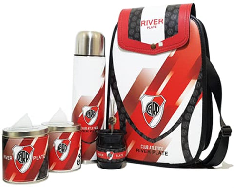 Mates River Plate Eco Leather Complete Set to Drink Yerba Mate Kit All Accesories Included: – Containers – Gourd (Cup) – Bombilla (Straw) – Thermos – Bag, White, Red, 34 X 23 X 12