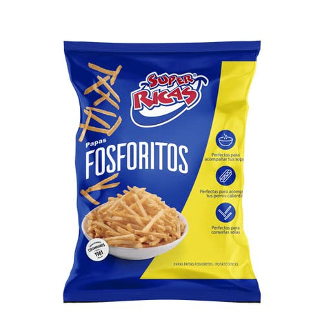 Super ricas flavored potatoe chips , plantain chips. Assorted styles. (Fosforitos, 12 units)