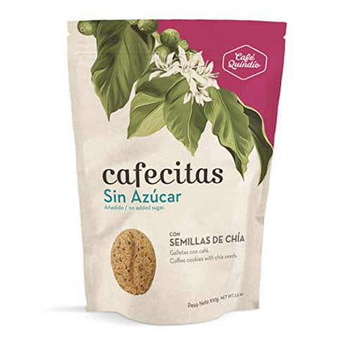 Cafe Quindio Coffee Cookies Cafecitas , Unique Biscuit in Coffee Bean Shape, Made with Quindio Colombian Coffee, Ideal with Coffee & Tea. (Coffee Cookies No Sugar Added with Chia Seeds, 100g / 3.5 oz)