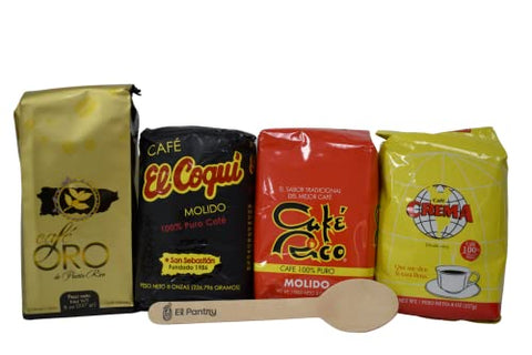 Deluxe Puerto Rican Coffee Selection Box | Premium Pack of 4 - 14oz Assorted Ground Coffee | Cafe Crema, Cafe Oro, Cafe Rico, Cafe El Coqui | Includes El Pantry Coffee Wooden Spoon