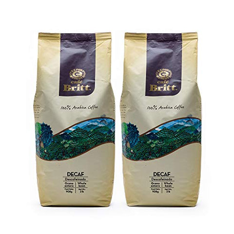 Café Britt® - Costa Rican Decaffeinated Coffee (2 Lbs.) (2-Pack) (4 Lbs Total) - Whole Bean, Arabica Coffee, Kosher, Gluten Free, 100% Gourmet & Dark Roast