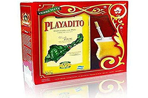 Yerba Mate Playadito Starter Set with Yerba, Leather Mate Cup and Alpaca Bombilla Straw