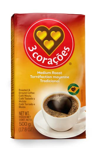 3 Coracoes Traditional Brazilian Ground Coffee - 500 grams - Vacuum Sealed Pack of 1 - Fine Ground Coffee Medium Roast - Naturally Processed for Unique Flavor, Aroma, and Full Body Texture