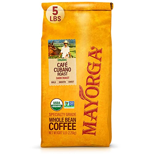 MAYORGA COFFEE CAFÉ CUBANO ROAST, 5lb Bag, the World's Smoothest Organic Coffee, Specialty-Grade, Non-GMO, Direct Trade, 100% Whole Arabica Beans