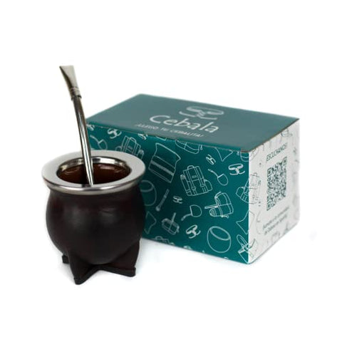 Cebala Yerba Mate cup set - Premium Ceramic yerba mate set (original from Uruguay) - Includes Mate and alpaca bombilla (straw) - Leather mate cup