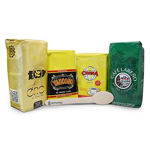Deluxe Puerto Rican Coffee Selection | Premium Pack of 4 - 8oz Assorted Ground Coffee | Cafe Lareno, Cafe Oro, Cafe Crema, Cafe Yaucono | Includes El Pantry Coffee Wooden Spoon