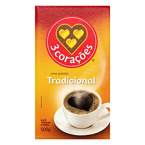 3 Coracoes Traditional Brazilian Ground Coffee - 500 grams - Vacuum Sealed Pack of 2 - Fine Ground Coffee Medium Roast - Naturally Processed for Unique Flavor, Aroma, and Full Body Texture