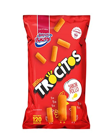 Super ricas flavored potatoe chips , plantain chips. Assorted styles. (Trocitos Pollo, 12 units)