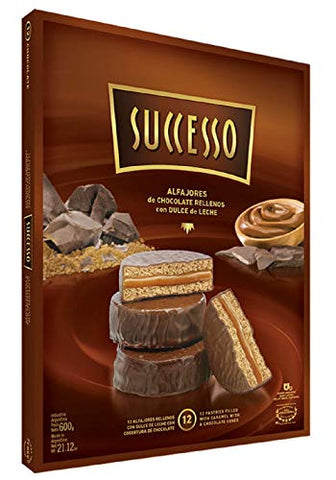 Argentina Alfajores Successo, Chocolate Coated Cookies and Filled with Argentinian Dulce de Leche, Typical Argentina Food, Argentina Candy Great for Gift, (Box of 12 Units, Milk Chocolate Coat)