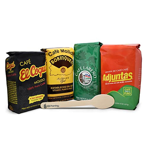 Deluxe Puerto Rican Coffee Selection | Premium Pack of 4 - 8oz Assorted Ground Coffee | Cafe Lareno, Cafe Adjuntas, Cafe El Coqui, Cafe Borinquen | Includes El Pantry Coffee Wooden Spoon