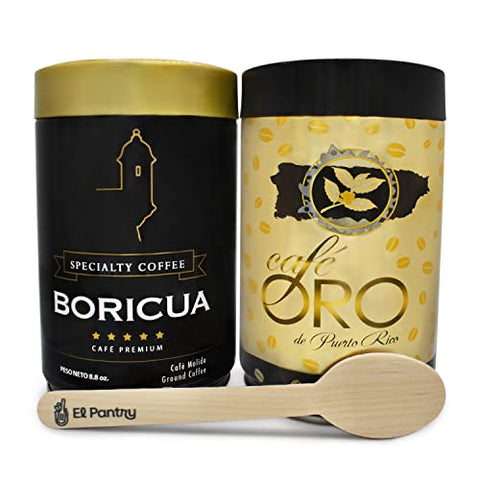 Cafe de Oro de Puerto Rico and Cafe Boricua Premium Specialty Coffee El Pantry Bundle, Includes 1 Can Cafe Oro 8.8 oz - 1 Can Cafe Boricua 8.8 oz - El Pantry Wooden Spoon