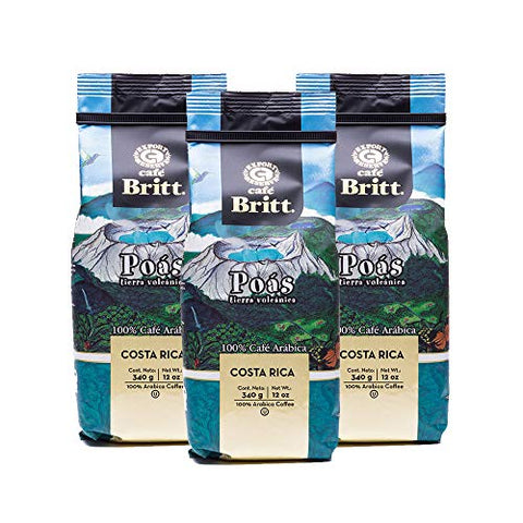 Café Britt® - Costa Rican Poas Tierra Volcanica Coffee (12 oz.) (3-Pack) - Ground, Arabica Coffee, Kosher, Gluten Free, 100% Gourmet & Medium Light Roast