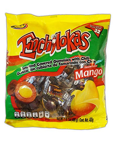 Jovy Enchilokas Candy. Mango Flavored Tamarind Covered Gummies With Chili. Net wt 1-lb 1-oz