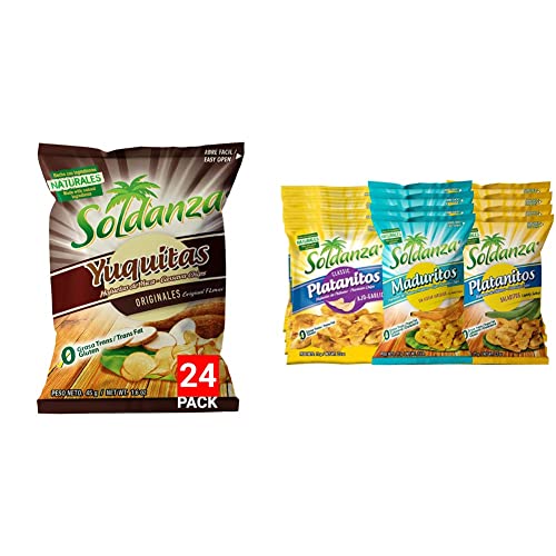 Soldanza Yuca/Cassava Chips, 1.59 Oz (Pack of 24) + Soldanza Plantain Chips, Variety Pack 2.5 oz (Pack of 12) 4 x Salted , 4 x Ripe , 4 x Garlic