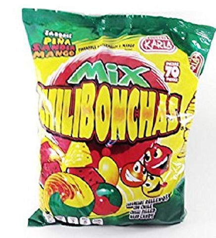 Karla Mexican Candy CHILIBONCHAS Mix Watermelon, Mango and Pineapple Flavors 70pz Dulces Authentic Mexican Candy with Free Chocolate Kinder Bar Included