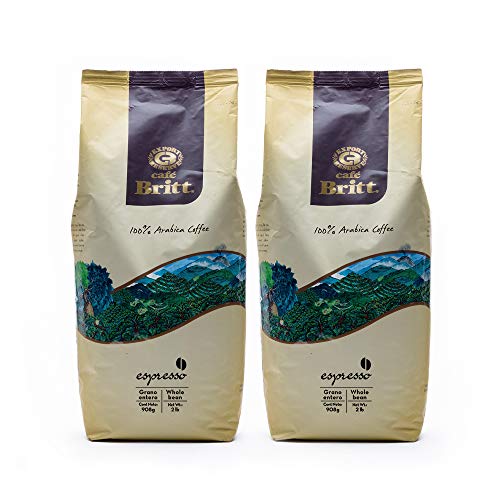 Café Britt® - Costa Rican Espresso Coffee (2 Lbs Each) (2-Pack) (4 Lbs Total) - Whole Bean, Arabica Coffee, Kosher, Gluten Free, 100% Gourmet & Dark Roast (1 Year Shelf-Life)