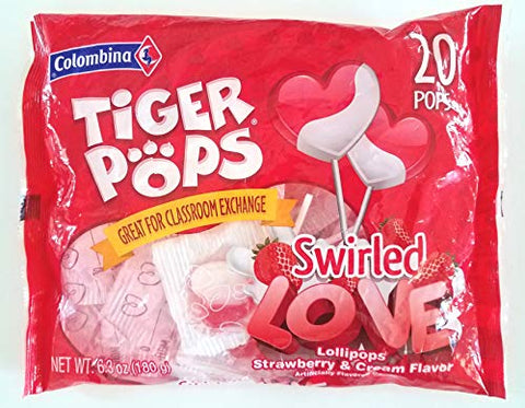 Colombina (1 Bag) Tiger Pops Valentine Candy - 20 Swirled Heart Love Lollipops - Strawberry & Cream Flavor - Red & White - 6.3 oz / 180 g