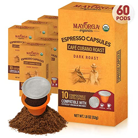 Mayorga Dark Roast Espresso Pods, 60CT Café Cubano - w/ Nespresso Original Brewers - Organic, Specialty Grade 100% Arabica Coffee Beans - Non-GMO, Direct Trade