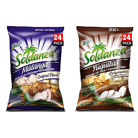 Soldanza Cassava Chips, 1.59 Ounce (Pack of 24) and Soldanza Plantain Chips, Naturally Sweet, 2.5 Ounce (Pack of 24)