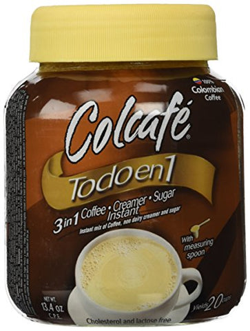 Colcafe Todo En 1 (3 in 1 Coffee/sugar/creamer) Cholesterol and Lactose Free 13.4oz (Single Bottle) Product of Colombia