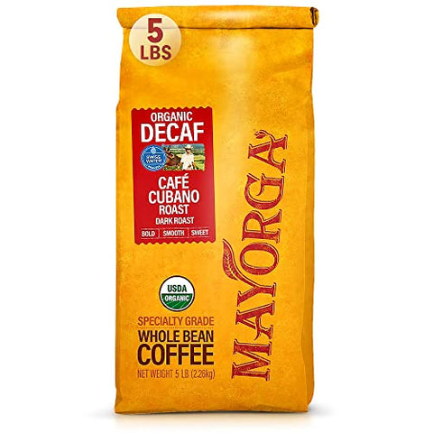 Mayorga Decaf Café Cubano, 5lb, Whole Bean Coffee, Dark Roast, Direct Trade, 100% USDA Organic Certified