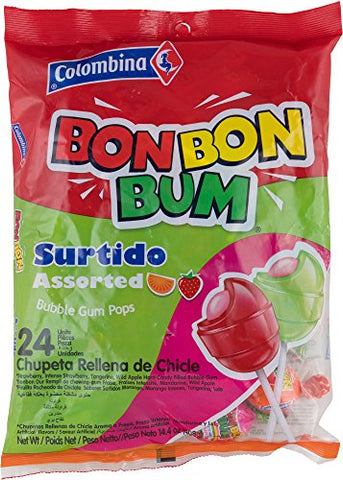Colombina Bon Bon Bum Bubble Gum Lollipops Surtido Assorted Flavors, Bag of 24
