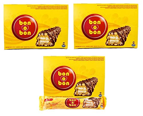 BON O BON Barra Rellena Cubierta con Caramelo y Cereal Crocante 12 Unidades 576 grs. - 3 Pack. / Filled Wafer, Toffe, Crispies, All Covered with Chocolate 1.4 lbs. - 3 Pack.