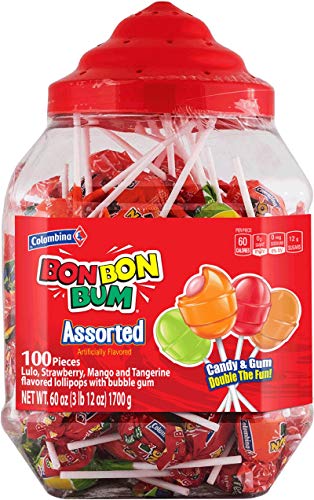Colombina Bon Bon Bum Bubble Gum Lollipops Assorted Flavors, Jar of 100