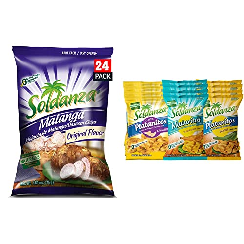 Soldanza Dasheen Chips, 1.6 Ounce (Pack of 24) + Soldanza Plantain Chips, Variety Pack 2.5 oz (Pack of 12) 4 x Salted , 4 x Ripe , 4 x Garlic