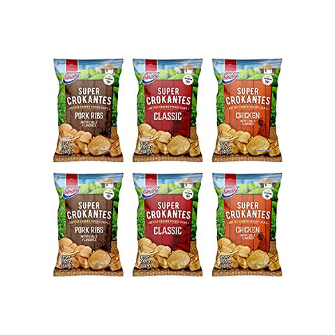 Super ricas flavored potatoe chips , plantain chips. Assorted styles. (Crokantes pack, 6 Units)