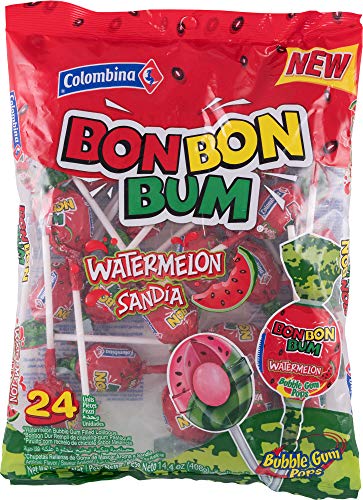 Colombina Bon Bon Bum Bubble Gum Lollipops Watermelon Flavor, Bag of 24