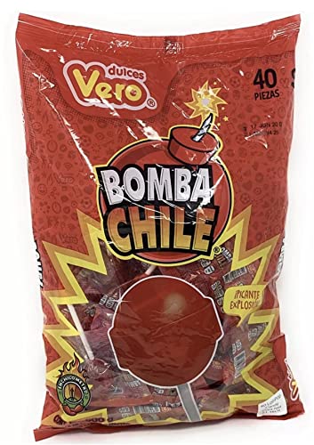 Mexican Candy Vero Lollipop Bomba Chile Strawberry Flavored & Chile Powder Filling 40 Pieces
