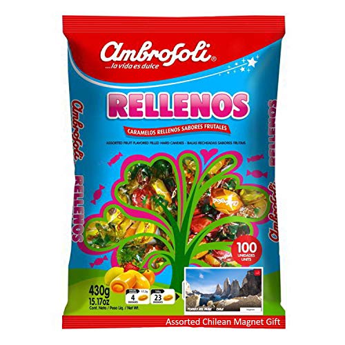 Caramelos Rellenos Ambrosoli. Traditional Fruit Filled Hard Candies From Chile. 100 Pieces Bag, 430 Grms (15.2 oz). Promoted Edition