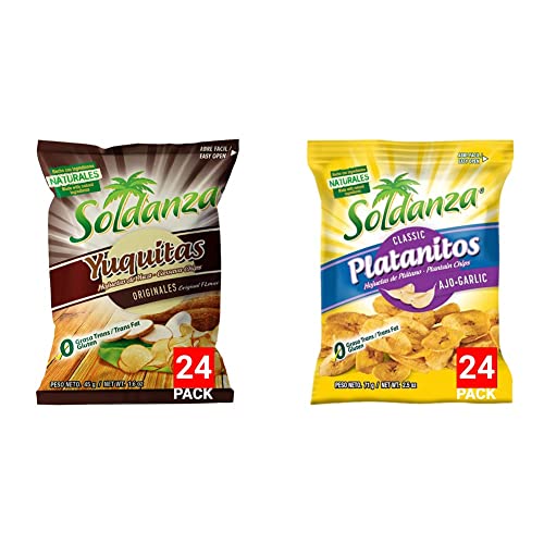 Soldanza Yuca/Cassava Chips, 1.59 Oz (Pack of 24) + Soldanza Garlic Plantain Chips, 2.5 Ounce (Pack of 24