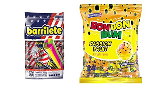 Colombina Bom Bom Bum Passion Fruit / Maracuya flavored Lollipops 24 units bag & Super Barrilete Chewy Candy 50 units Bag (Set of 2 Bags)