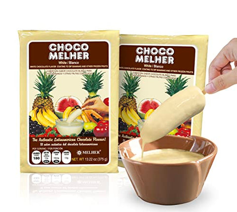 CHOCOMELHER Blanco - 2 Pack Milk White Chocolate Flavored Coating for Chocobananos - Cobertura de Chocolate - Best to Cover Frozen Bananas & Strawberries - Traditional Snack from El Salvador - 2 of 13.22 oz Bags.