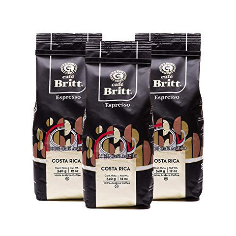 Café Britt® - Costa Rican Espresso Coffee (12 oz.) (3-Pack) - Whole Bean, Arabica Coffee, Kosher, Gluten Free, 100% Gourmet & Dark Roast