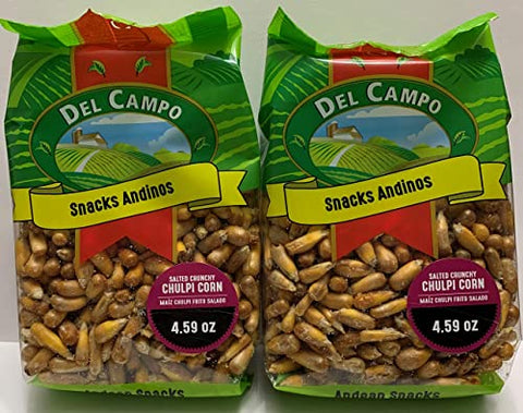 DEL CAMPO Andean Snacks | Salted Crunchy Chulpi Corn | Maiz Chulpe Frito Salado | 4.59 oz. | Pack of 2 | Product of Peru