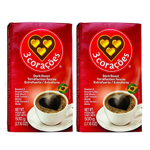 3 Coracoes Extra Forte Brazilian Ground Coffee - 500 grams - Vacuum Sealed Pack of 2 - Fine Ground Coffee Dark Roast - Naturally Processed for Unique Flavor, Aroma, and Full Body Texture