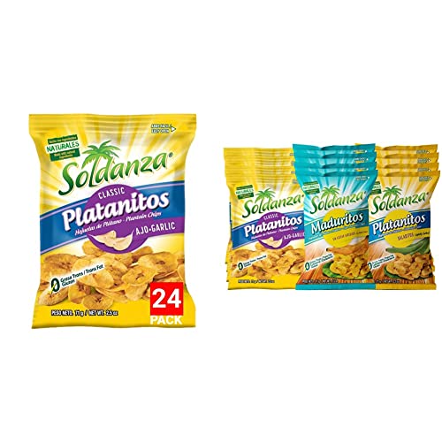 Soldanza Garlic Plantain Chips, 2.5 Ounce (Pack of 24) + Soldanza Plantain Chips, Variety Pack 2.5 oz (Pack of 12) 4 x Salted , 4 x Ripe , 4 x Garlic