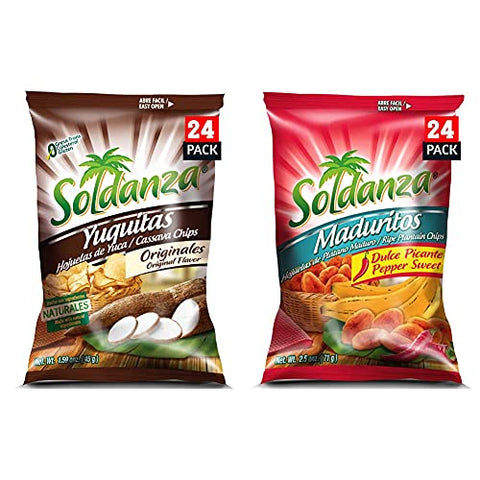Soldanza Cassava Chips, 1.59 Ounce (Pack of 24) and Soldanza Pepper Sweet Plantain Chips, 2.5 Ounce (Pack of 24)